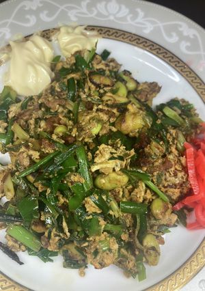 枝豆とニラネギ豚玉子のお好み焼き風炒め-レシピのメイン写真