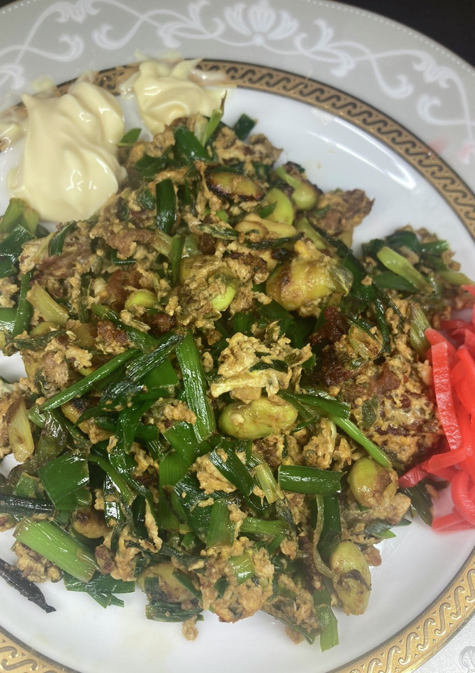 枝豆とニラネギ豚玉子のお好み焼き風炒め-レシピのメイン写真