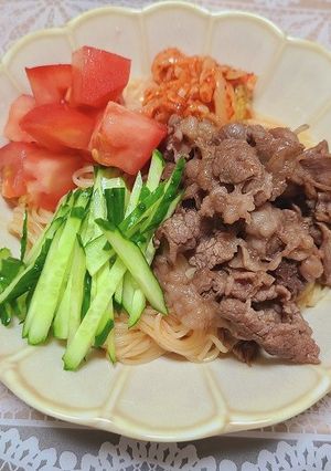 夏野菜と焼肉のピリ辛そうめん-レシピのメイン写真