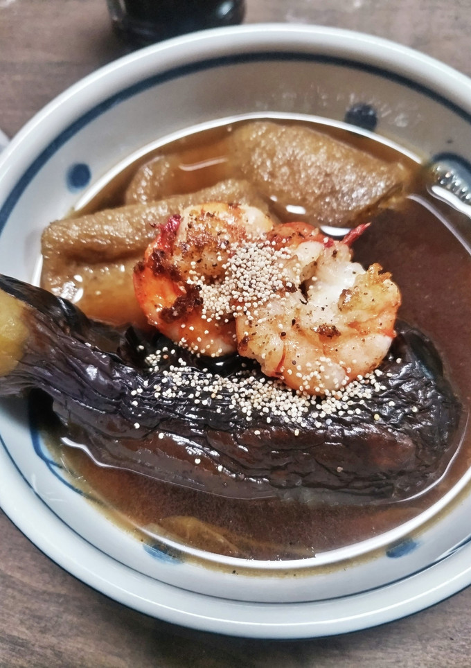 油揚げと茄子の煮浸し、焼き海老と一緒に-レシピのメイン写真
