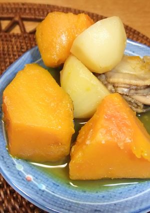 新感覚！かぼちゃとじゃがいもと帆立の煮物-レシピのメイン写真