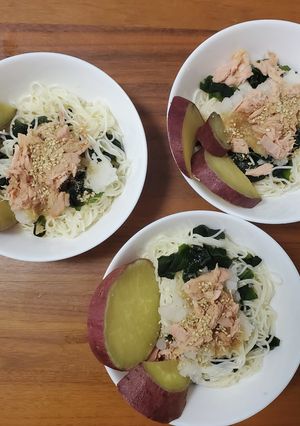 ツナワカメそうめん残り物のさつまいも添え-レシピのメイン写真