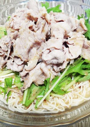 超簡単！冷しゃぶと水菜の胡麻ダレそうめん-レシピのメイン写真