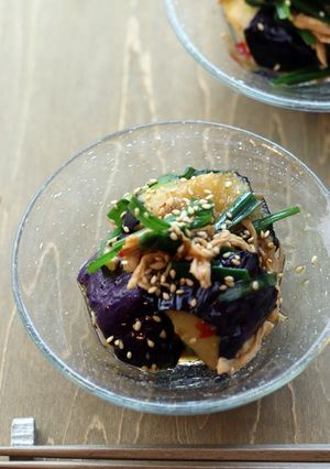 揚げ茄子と鶏ささみのピリ辛和え-レシピのメイン写真