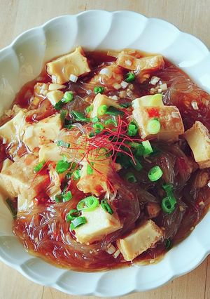 衝撃☆夏レンジで肉無し麻婆春雨☆丼☆夕食-レシピのメイン写真