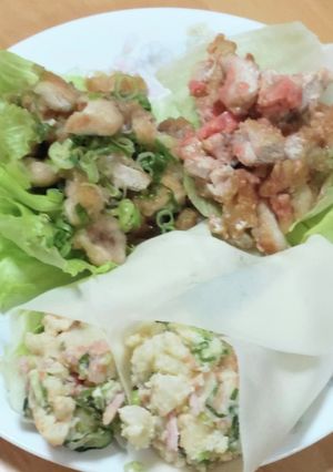 唐揚げのつまみとポテサラ春巻き-レシピのメイン写真