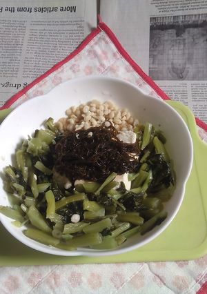 野沢菜漬け＋洗いもずく載せ冷奴のタパス-レシピのメイン写真