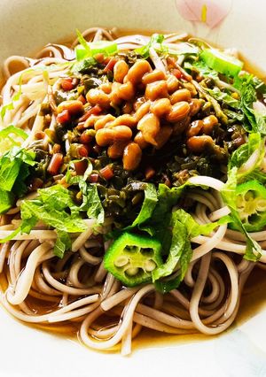 スベリヒユとオクラ納豆のとろみそば-レシピのメイン写真
