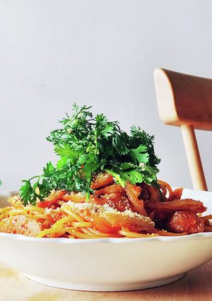 レンジ爆速☆キムチ炒め和風パスタ昼食魚肉-レシピのメイン写真
