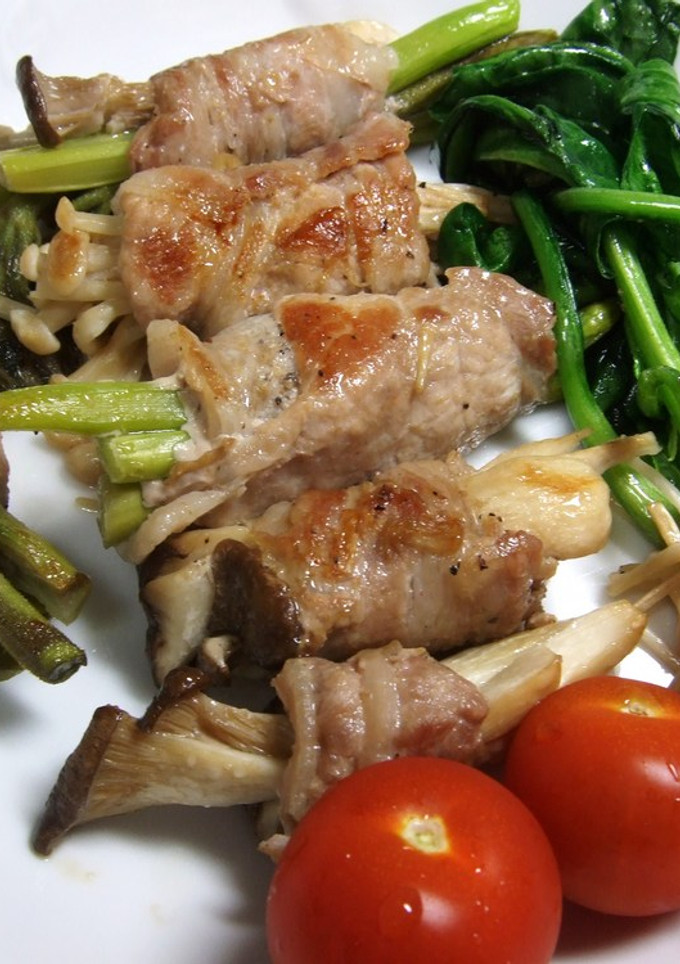 キノコと野菜(タラの芽付き)の豚肉巻き-レシピのメイン写真
