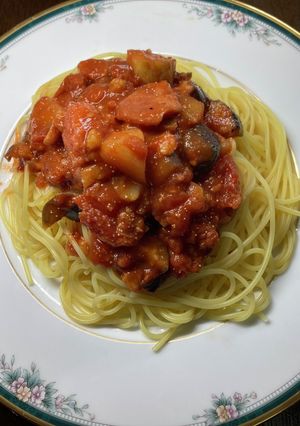 ナス、ベーコン、明太子のトマトパスタ-レシピのメイン写真