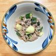 豚バラ肉とニンニクとキュウリの梅シソ炒め