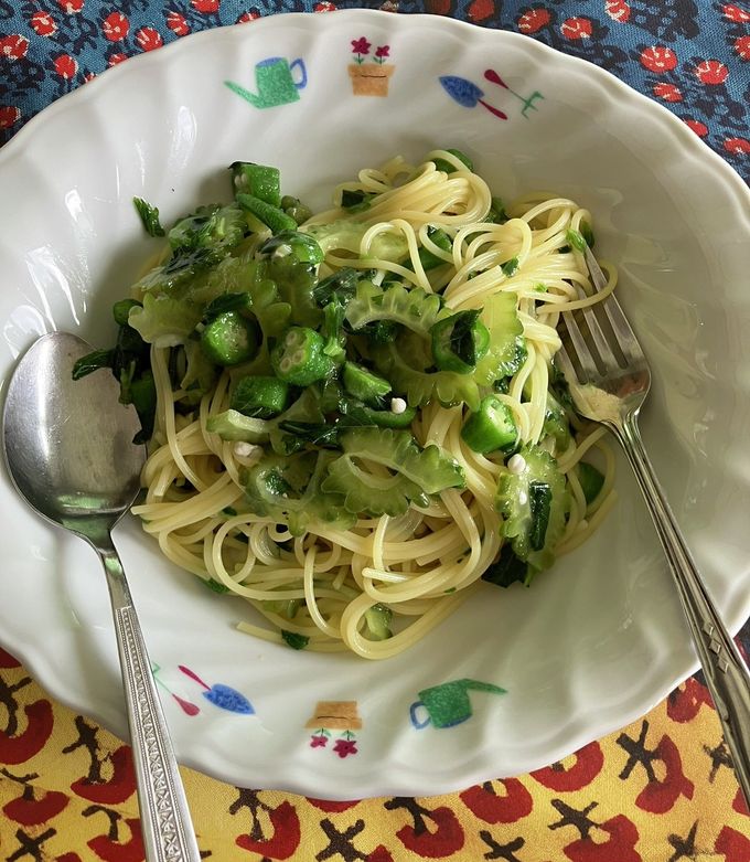 ゴーヤ、オクラ、モロヘイヤの冷製パスタ by さんどらもん