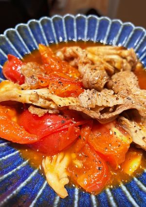 牛肉とトマトと舞茸のオイスターソース炒め-レシピのメイン写真