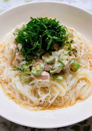 簡単昼食夕飯鶏オクラ茗荷梅マヨ冷やし素麺-レシピのメイン写真