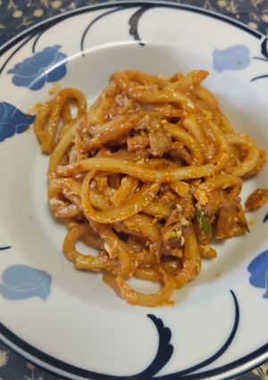 豚バラ肉と卵のナポリタンうどん-レシピのメイン写真