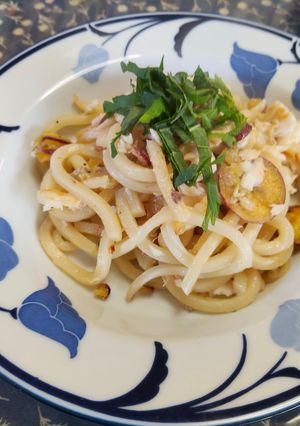 鯛とさつまいもの鮎魚醤焼きうどん-レシピのメイン写真