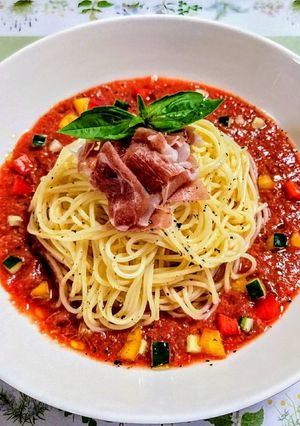 簡単昼食！パプリカのガスパチョ冷製パスタ-レシピのメイン写真