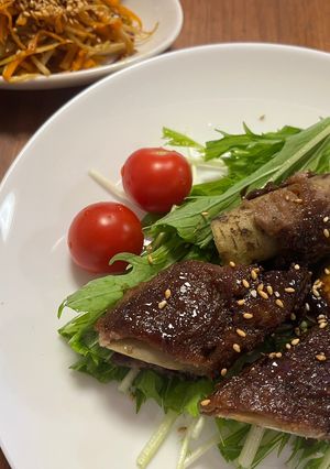 ゴボウのひき肉包み焼き、焼そばソースを使って-レシピのメイン写真