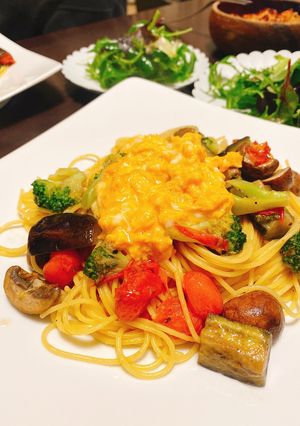 野菜ときのことたまごの彩りパスタ-レシピのメイン写真