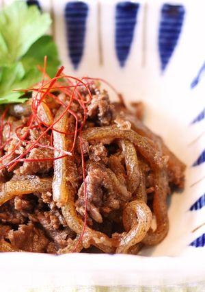 ねぎ焼きに～牛バラ肉とこんにゃくの甘辛煮-レシピのメイン写真