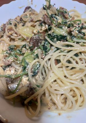 イワシ缶、豆苗、卵のパスタ-レシピのメイン写真