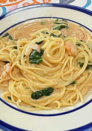 ★ワンパン★エビとほうれん草クリームスパ-レシピのメイン写真