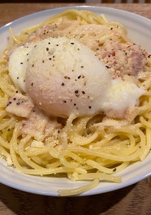 息子絶賛　温泉卵のカルボナーラ-レシピのメイン写真