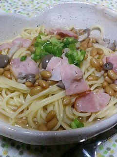 ☆きのことベーコンの納豆スープスパ☆-レシピのメイン写真