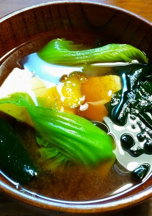 自家乾燥新わかめ、蕾菜、豆腐のお味噌汁-レシピのメイン写真