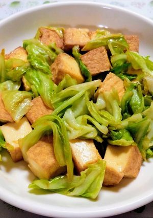 ワンパン今日の夕飯簡単春キャベツ厚揚中華炒め節約-レシピのメイン写真