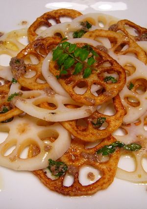 蓮根のカルパッチョ　アンチョビソースで-レシピのメイン写真