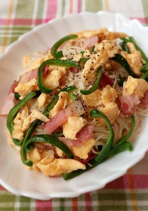 余った素麺1束でピーマン卵ベーコンのチャンプルー-レシピのメイン写真