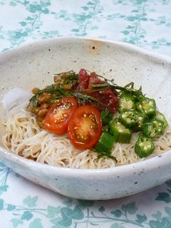 梅しそとおくら納豆のネバネバおそうめん-レシピのメイン写真