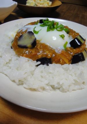 ひき肉とナスのカレーに♪ONたま-レシピのメイン写真