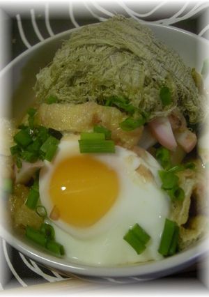 油揚げと蒲鉾煮☆温玉とろろ昆布のせ♪-レシピのメイン写真