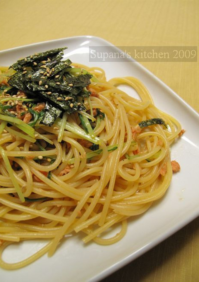 焼さけあらほぐしで♡鮭と水菜の和風パスタ-レシピのメイン写真