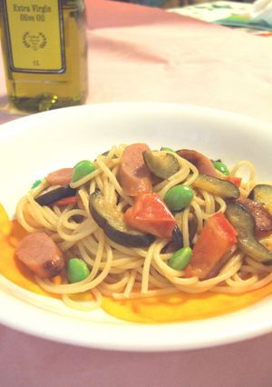 ウインナー・トマト・茄子のオリーブパスタ-レシピのメイン写真