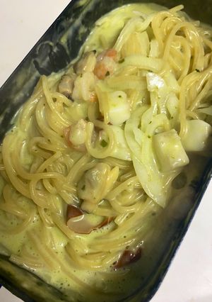 キャンプ飯！シーフードバジルチーズパスタ-レシピのメイン写真