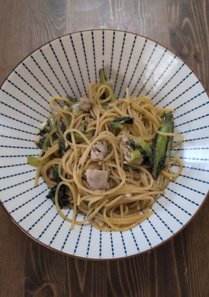にんにくと小松菜と豚肉の和風醤油パスタ-レシピのメイン写真