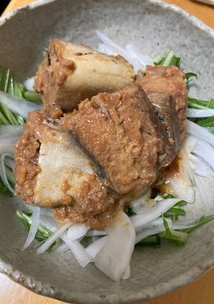 新玉ねぎと水菜を敷いたサバ味噌缶-レシピのメイン写真