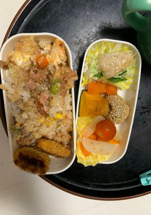 レンジ簡単梅クリームパエリア風味炒飯弁当-レシピのメイン写真