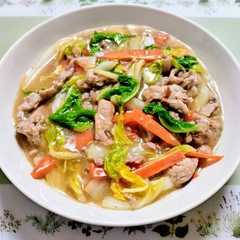 A picture of 節約簡単夕飯主菜昼食白菜と豚こまの八宝菜・中華丼.