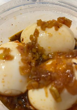 ねぎ乗せラー油めんつゆ煮卵(半熟)-レシピのメイン写真