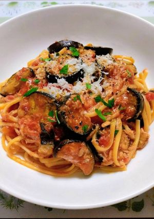 簡単夕飯昼食！ワンパンでなすとツナのトマトパスタ-レシピのメイン写真