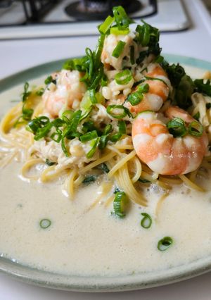冷凍えのきで！海老味噌豆乳クリームパスタ-レシピのメイン写真
