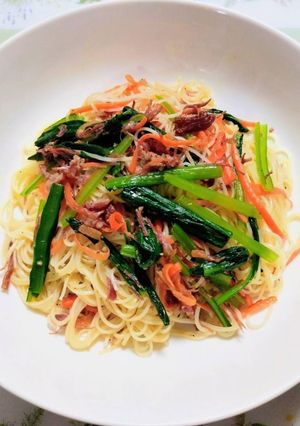 夏の夕飯！小松菜コンビーフチャンプル素麺-レシピのメイン写真
