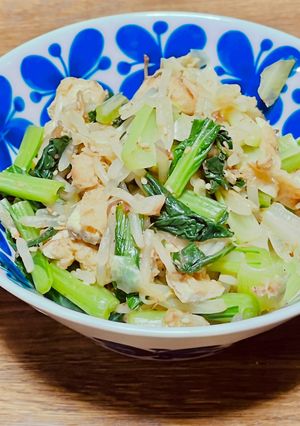 今日の副菜！小松菜ともやし油揚げの辛子和え-レシピのメイン写真