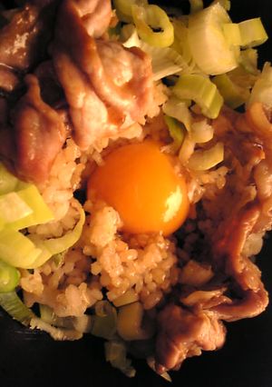 豚肉のオイスターニンニク蒸しと葱の温玉丼-レシピのメイン写真