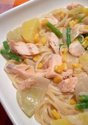 鮭の具だくさんチーズクリームスープパスタ-レシピのメイン写真